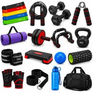 Exercise equipment and fitness accessories collection including dumbbells, resistance bands, kettlebell, yoga mat and ab roller