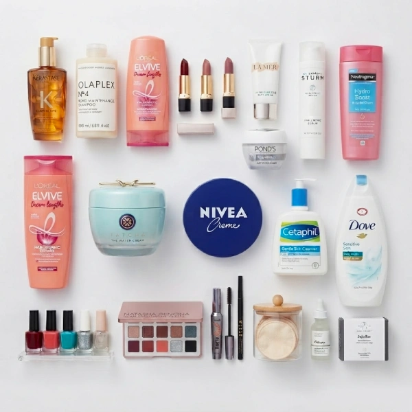 Beauty cosmetics products including skincare, makeup, face cream, shampoo and personal care items