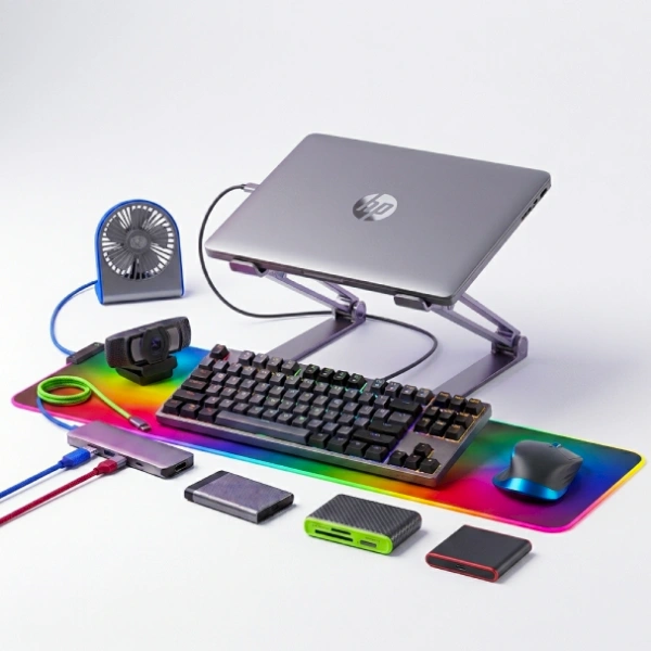 Computer accessories including keyboard, mouse, headphones, USB devices and PC gadgets