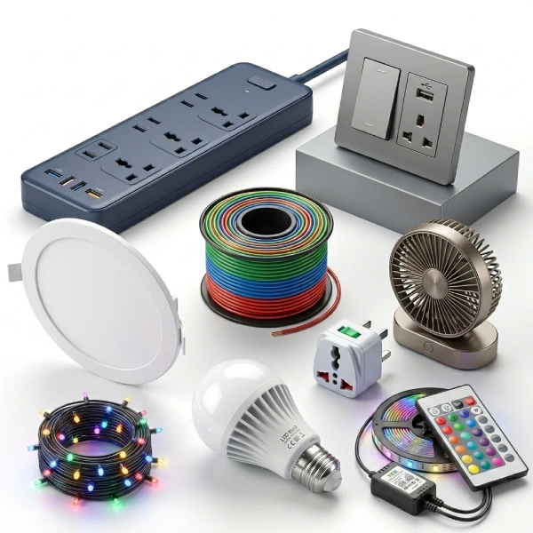 Electrical items including LED lights, switches, sockets, wires, power strips and home electrical accessories