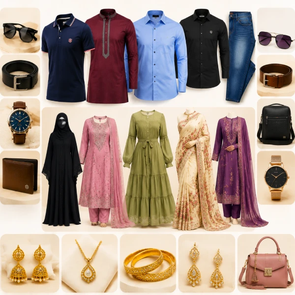 Fashion clothing collection including shirts, panjabi, dresses, saree, hijab, jewelry and fashion accessories