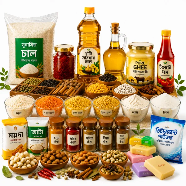 Grocery items including rice, oil, ghee, spices, flour, lentils and essential household products