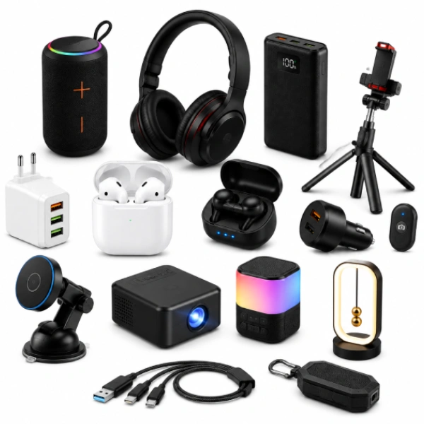 Smart gadgets including wireless earbuds, Bluetooth speaker, power bank, charger and electronics accessories