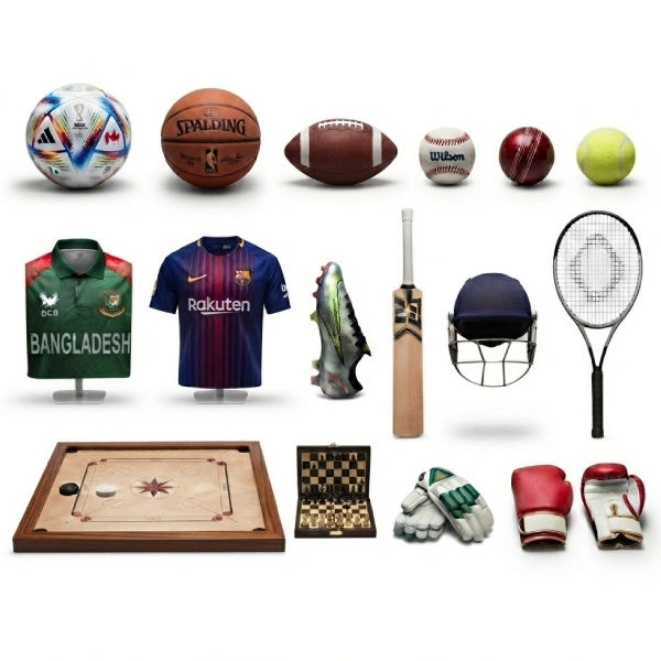Sports equipment including football, cricket gear, basketball, jerseys, racket, carrom and game accessories