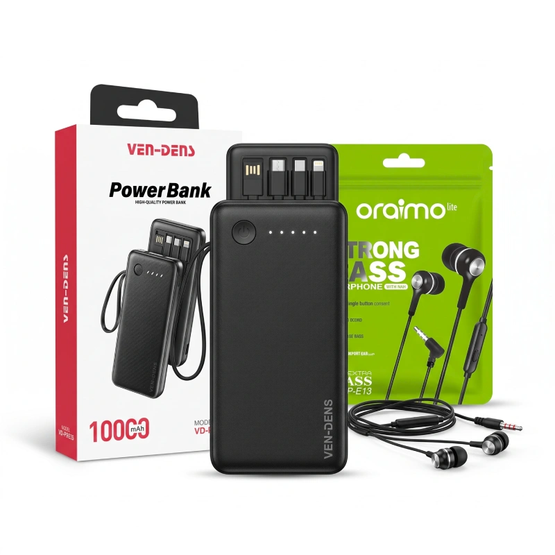 VEN-DENS 10000mAh black power bank with retail box and free wired earphone