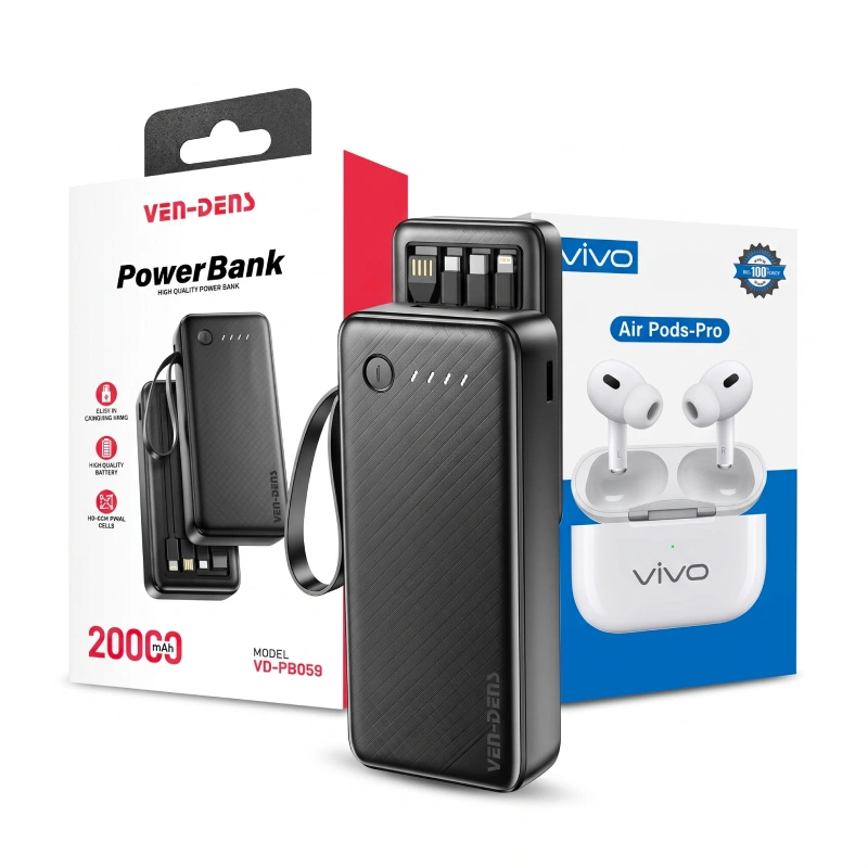 VEN-DENS 20000mAh black power bank with retail box and Vivo Air Pods-Pro package